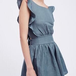 Free People Erin Mini Dress Size M Slate Blue Linen Ruffle